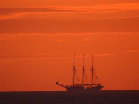 A tall ship on the sea against the sunrise 