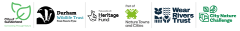 Connecting Through Nature logo, Durham Wildlife Trust logo, Heritage Fund logo, Nature Towns and Cities logo, Waer Rivers Trust logo and City Nature Challenge logo