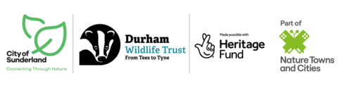Connecting Through Nature logo, Sunderland City Council logo, Durham Wildlife Trust logo, Heritage Fund logo, Nature Towns and Cities logo