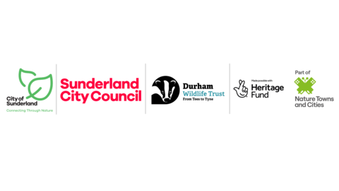 Connecting Through Nature logo, Sunderland City Council logo, Durham Wildlife Trust logo, Heritage Fund logo, Nature Towns and Cities logo