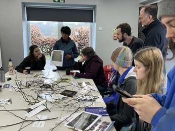 Group of people round meeting table identifying twigs