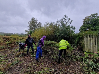 four people doing conservation work in church grounds