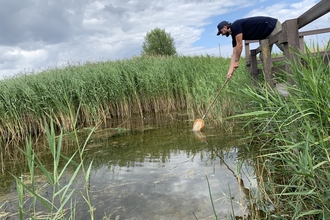 Nextdoor Nature officer Tom Parkin pond dipping from platform