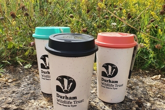 Three reusable Durham Wildlife Trust cups