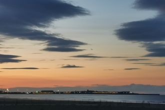 A view of the Seaton Carew coastline at sunset with beach in foreground
