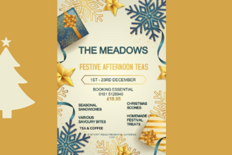 mustard background with pale yellow christmas tree outline and details of festive afternoon teas