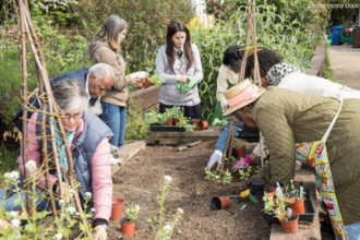 Group of mixed age people standing around a community garden planter