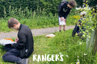 young people sitting on grass with survey clipboards