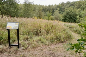 View over meadow with trees in background and sign in foreground