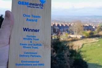Hand holding a wooden "One Team Award" plaque from the GEM awards, with a scenic residential landscape in the background.