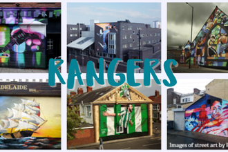 A collage of six street art murals by artist Frank Styles, displayed on a pale green background with the word “RANGERS” in bold teal letters across the centre. The artworks include colourful spray paint cans and tools, a grey building covered in geometric murals, a triangular building with stained‑glass‑style figures, a sailing ship labelled “City of Adelaide 1864,” a small green‑and‑white painted building, and a vivid mural of faces and abstract shapes in red, blue, and white.