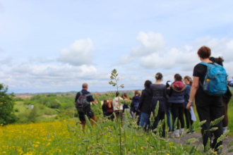 A group of people walk along a countryside path bordered by tall grasses and yellow wildflowers. The focus is on a single grass stem in the foreground, with the walkers and rolling green hills softly blurred in the background under a bright, partly cloudy sky.