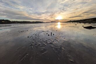 Low‑tide coastal scene at Alnmouth with wet sand reflecting a soft sunrise. The sun glows near the horizon, casting golden light across rippled mudflats and shallow pools. A few small posts stand in the centre foreground, with distant trees and headlands silhouetted against a partly cloudy sky.