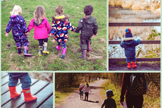 A collage showing young children exploring nature in waterproof clothing and colourful wellies. One photo shows four children walking hand‑in‑hand across grass; another shows a child in a blue coat and red boots looking over a wooden fence at a pond. Other images capture close‑ups of red boots on wet boards and families walking along sunlit woodland paths. Logos for Durham Wildlife Trust and Sunderland City Council appear on a pale green background to the right.
