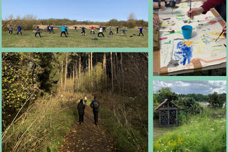 A collage on a light green background featuring four photos and two logos. The top left shows people exercising outdoors in a grassy field; the bottom left shows two people walking along a wooded path; the top right shows hands painting colorful artwork on paper; and the bottom right shows a small wooden shelter in a wildflower meadow. On the right side are the logos for Durham Wildlife Trust and Sunderland City Council, indicating a partnership promoting nature and community activities.