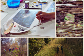 A collage showing community and conservation activities. Top left: a person painting a nature scene at a table with brushes and paint pots. Top right: close-up of a woven wooden fence. Bottom row: volunteers walking through woodland paths and clearing vegetation. Right side: logos for Durham Wildlife Trust and Sunderland City Council on a beige background.