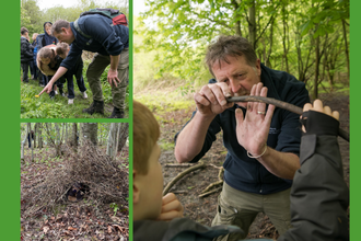 A collage on a green background showing Durham Wildlife Trust’s outdoor education activities. One photo shows a group of children and a guide examining plants; another shows the guide demonstrating with a stick in woodland; and a third shows a small twig shelter on the forest floor. Logos for Durham Wildlife Trust, Sunderland City Council, Best Start in Life, UK Government, and Together for Children appear on the right.