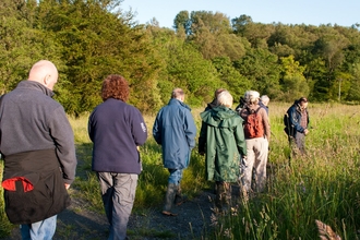 A group of people walking through wildflowers