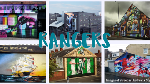 A collage of six street art murals by artist Frank Styles, displayed on a pale green background with the word “RANGERS” in bold teal letters across the centre. The artworks include colourful spray paint cans and tools, a grey building covered in geometric murals, a triangular building with stained‑glass‑style figures, a sailing ship labelled “City of Adelaide 1864,” a small green‑and‑white painted building, and a vivid mural of faces and abstract shapes in red, blue, and white.