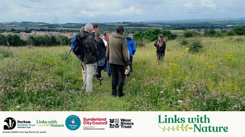 Alt text:   A group of people walk through a wildflower meadow during a guided nature event. The leader stands ahead, speaking to the group amid tall grasses and purple and yellow blooms. In the distance, rows of houses and rolling hills stretch under a cloudy sky. Logos along the bottom show Durham Wildlife Trust, Links with Nature, Heritage Fund, Sunderland City Council, and Wear Rivers Trust, indicating a community conservation project.
