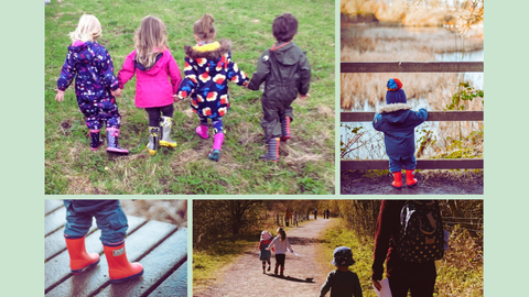 A collage showing young children exploring nature in waterproof clothing and colourful wellies. One photo shows four children walking hand‑in‑hand across grass; another shows a child in a blue coat and red boots looking over a wooden fence at a pond. Other images capture close‑ups of red boots on wet boards and families walking along sunlit woodland paths. Logos for Durham Wildlife Trust and Sunderland City Council appear on a pale green background to the right.