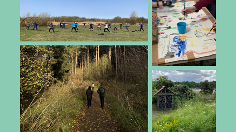 A collage on a light green background featuring four photos and two logos. The top left shows people exercising outdoors in a grassy field; the bottom left shows two people walking along a wooded path; the top right shows hands painting colorful artwork on paper; and the bottom right shows a small wooden shelter in a wildflower meadow. On the right side are the logos for Durham Wildlife Trust and Sunderland City Council, indicating a partnership promoting nature and community activities.