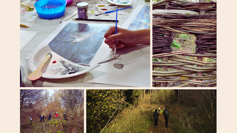 A collage showing community and conservation activities. Top left: a person painting a nature scene at a table with brushes and paint pots. Top right: close-up of a woven wooden fence. Bottom row: volunteers walking through woodland paths and clearing vegetation. Right side: logos for Durham Wildlife Trust and Sunderland City Council on a beige background.