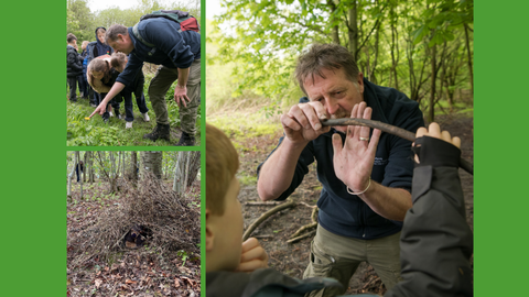 A collage on a green background showing Durham Wildlife Trust’s outdoor education activities. One photo shows a group of children and a guide examining plants; another shows the guide demonstrating with a stick in woodland; and a third shows a small twig shelter on the forest floor. Logos for Durham Wildlife Trust, Sunderland City Council, Best Start in Life, UK Government, and Together for Children appear on the right.