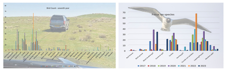 Two bar charts one against a field background and one set in front of a bird picture