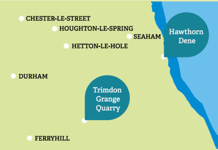 Map showing locations of Hawthorn Dene and Trimdon Grange Quarry