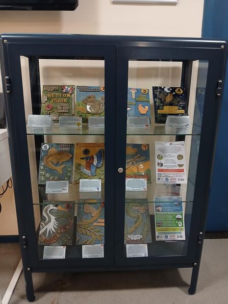 Dark blue display cabinet with glass doors showcasing ten ceramic tiles arranged on three shelves. Each tile features a nature or animal design—such as squirrel, mushrooms, owl, fish, kingfisher, duck, heron, dragonfly, and European eel—accompanied by small descriptive placards. Top tile labeled “Hetton Park Trail.” Educational exhibit promoting local wildlife, with logos from Durham County Council and Groundwork NE & Cumbria.