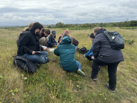 A group of people gather in a grassy field, some kneeling to examine plants while others stand watching. They wear outdoor clothing and backpacks, suggesting a guided nature or field study session under a cloudy sky.