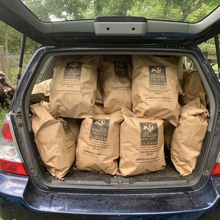 The open boot of a blue car packed tightly with large brown paper bags labelled “Durham Wildlife Trust Barbeque Charcoal,” with greenery visible behind the vehicle.