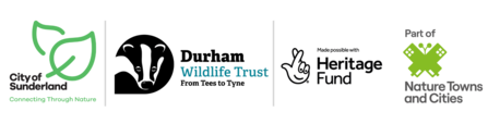 Connecting Through Nature logo, Durham Wildlife Trust logo, Heritage Fund logo, Nature Towns and Cities logo
