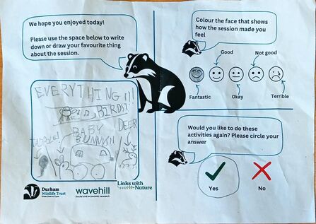    A children’s feedback sheet titled “Links with Nature” filled with hand‑drawn animals — a bird, a baby deer, a bunny, and a tadpole — alongside excited handwritten notes like “EVERYTHING!!!”. The page also shows tick‑box questions and a row of faces for rating how the session felt.