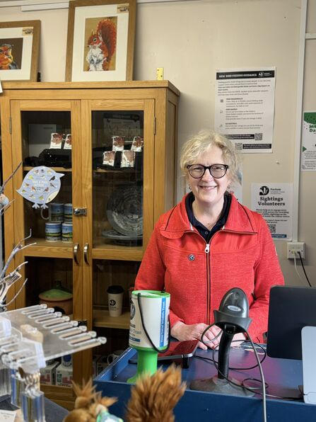 A smiling volunteer wearing glasses and a red jacket stands behind a counter at a Durham Wildlife Trust visitor centre. On the counter are a donation tin, a barcode scanner, and wildlife-themed merchandise including plush squirrels. Behind her, a wooden cabinet displays mugs and gifts, with framed artwork of a red squirrel and a robin on top. Posters about bird feeding guidance and volunteer wildlife sightings are visible on the wall.
