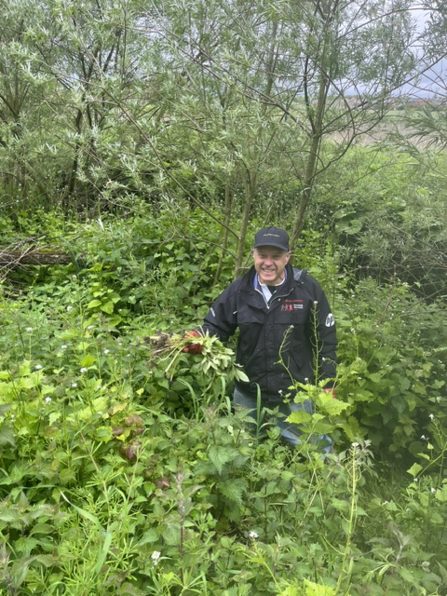    A smiling person wearing a dark jacket and cap stands among dense green vegetation, holding a handful of pulled plants. The jacket displays “RHS Britain in Bloom” and “South West in Bloom” logos, suggesting involvement in a community gardening or conservation project. Tall leafy plants and shrubs surround them, creating a lush, wild backdrop under a cloudy sky.