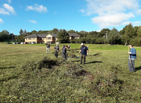 Trust volunteers and staff from Thomas Swan raking the meadow