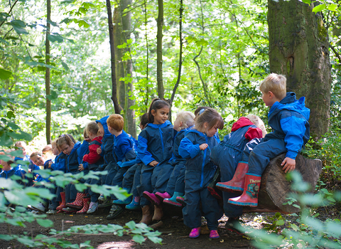 Children from school visit sitting on logs