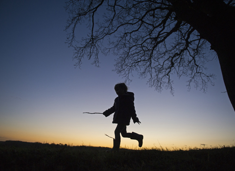 Child in silhouette carrying wand