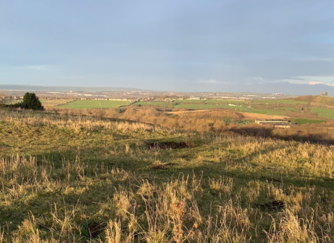 A wide view from a grassy hill overlooking patchwork fields and a distant town under a pale, lightly clouded sky.